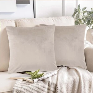 Pack of 2 | Beige Velvet Cushion Covers Soft Plush 17 X 17" Inch 43 x 43 cm - Picture 1 of 4