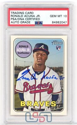 Ronald Acuna Jr. Braves Signed Printed 2018 Topps Heritage #580 PSA/DNA 10 Auto - Image 1 of 2