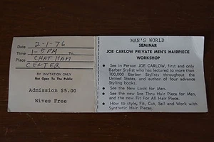 1976 Man's World Seminar Joe Carlow Private Men's Hairpiece Workshop Ticket - Picture 1 of 2