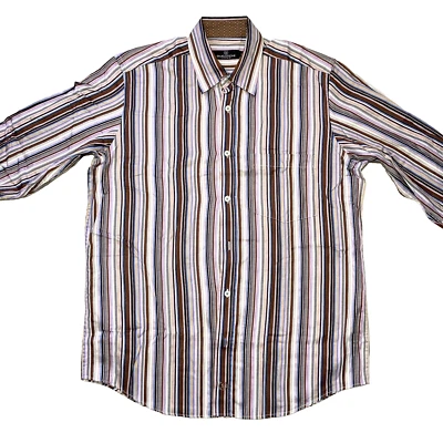Bugatchi Uomo Mens Dress Shirt Medium Size 15 32/33 Brown Purple Pink Stripes - Image 1 of 4