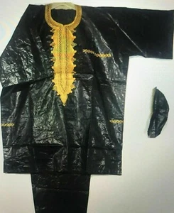 Dashiki Shirt African Mens Ethnic Brocade 3pcs set short sleevs w/Hat Free Size - Picture 1 of 5