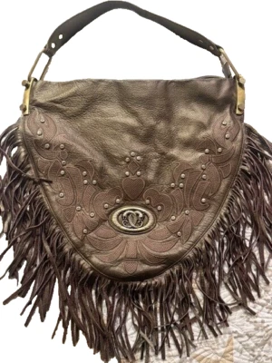 Kissing Cougar Sharif Designer Fringe Slouch Hobo Leather Handbag Purse Pewter - Image 1 of 4