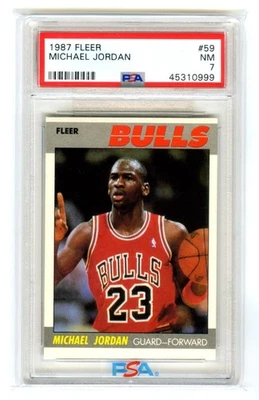 TARJETA NBA #59 MICHAEL JORDAN~CHICAGO BULLS~1987 FLEER PSA-7 NR-MT bien centrada Foto 1 de 2