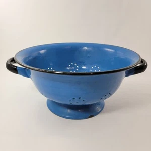 Vintage 1950s-60s French Blue GRANITEWARE Colander Black Trim 9" Poland 22 - Picture 1 of 14