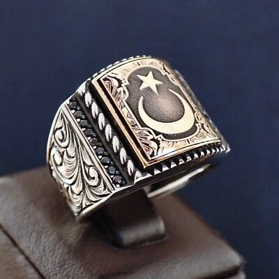 Sterling Silver Men's Ring Crescent Star Black Diamond Handmade Turkish Jewelry Foto 1 de 4