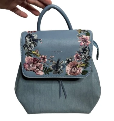 DAVID JONES Paris Backpack Embroidered Fold Over Snap Closure Handbag Blue - Image 1 of 4