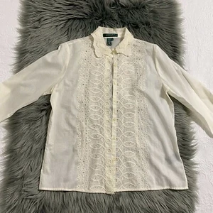 Lauren Ralph Lauren Womens Ivory Top Long Sleeve Sz 6P 100%Cotton Blouse#1976 - Picture 1 of 10