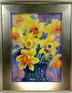 Wandkunst Stillleben Blumen gelber Strauß Wohnkultur Ölgemälde Leinwand gerahmt - Bild 1 von 11