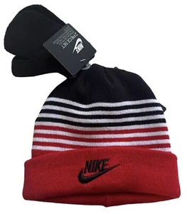 Nike Boy’s Beanie Hat & Mitten 2 Piece Set Black Red Size 2/4T Stripe New - Picture 1 of 7