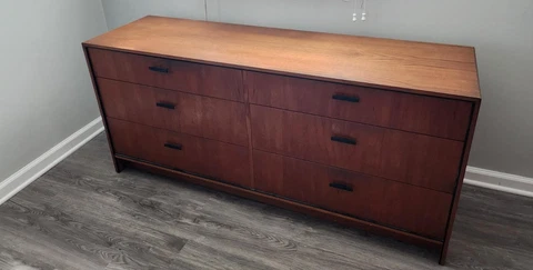 Mid-Century Double Teak Modern Dresser w/ 6 Drawers/Black Handles Cover