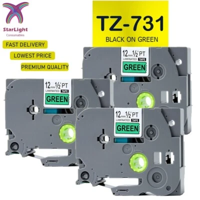3 Label Tape Black on Green Compatible With Brother TZ731 PTH100 H101 H101C H105 - Image 1 of 4