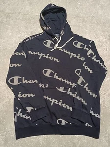 Champion Hoodie Men Large Navy Blue Pullover Cotton Hood All Over Print Logo - Picture 1 of 8