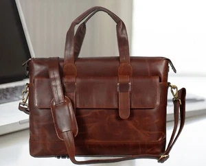 Men's Buffalo Leather Briefcase Shoulder Messenger Bags Business Laptop Bags - Picture 1 of 11