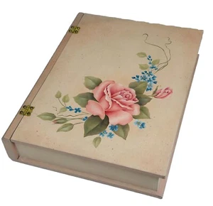 Vtg OOAK Pink Tole Painted Wood Book Shaped Trinket Box Floral Rose Cottage Core - Picture 1 of 4