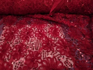 Ribbon Roses and Sequin Dark Rose Netting Special Occasion Fabric Bling   - Picture 1 of 3