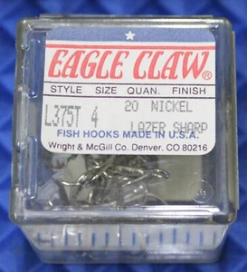 EAGLE CLAW FISH-HOOKS Size 4 Style L375T Nickel Finish 20 Count Box - Picture 1 of 2