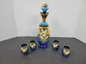 vintage Cobalt blue glass decanter and 4 cups all with gold gilt floral - Picture 1 of 5