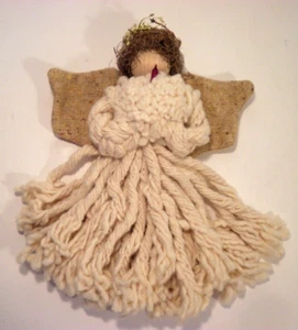 Angelo mocio artigianale vintage decorazione natalizia ali tela ornamento testa legno - Foto 1 di 4