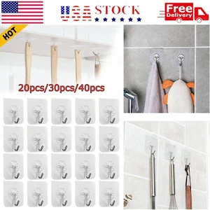 10/20/30/40 PCS Adhesive Sticky Hooks Heavy Duty Wall Door Seamless Hook Hangers - Picture 1 of 13