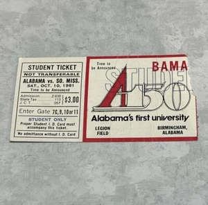 Vtg 1981 Alabama vs So Southern Miss Student Only Ticket Stub Football TIED 13 - Bild 1 von 3