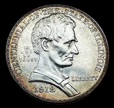 Medio dólar de plata conmemorativo del centenario de la estadidad de Illinois de Estados Unidos 1918 BU Foto 1 de 2