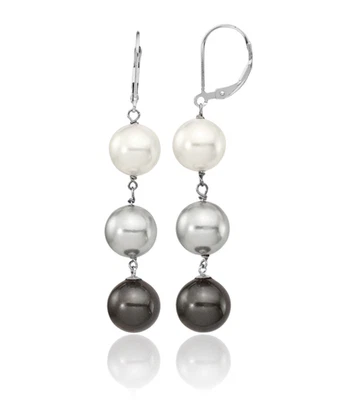 925 Sterling Silver 10mm White Grey Black Shell Pearl Dangle Earrings - Image 1 of 4