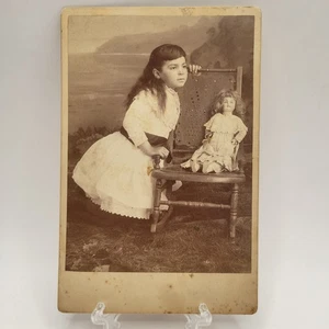 19th Century Young Girl With Doll Portrait Cabinet Card Toys Victorian Photo - Picture 1 of 3