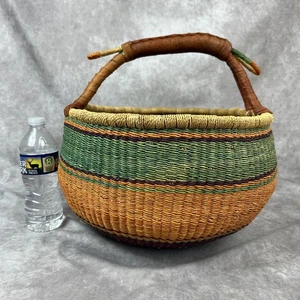 Bolga African Market Basket Large Orange Purple Green Hand Woven Wrapped Handle - Picture 1 of 13