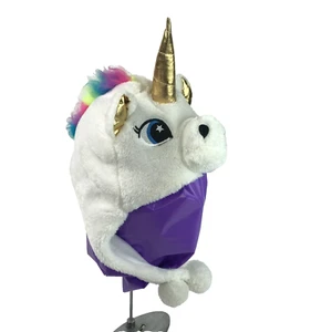 White Unicorn Fleece Lined Girls Hat Ear Flops Gold Horn/Ears Neon Rainbow Mane - Picture 1 of 16