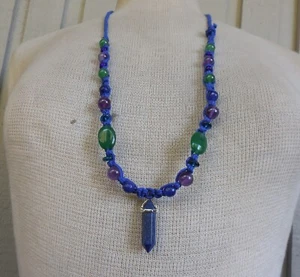 Lapis Double Terminated Point Adjustable Hemp Necklace Aventurine Amethyst Beads - Picture 1 of 8