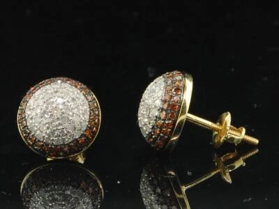 Red Diamond Earrings 10K Yellow Gold Round Pave Domed Circle Studs 0.90 Tcw. - Image 1 of 4