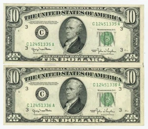 FR#2010C $10 1950 (2) Two Federal Reserve Notes Philadelphia Consec Pair DC-6103 - Picture 1 of 2