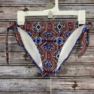Parte inferior de bikini para mujer Jessica Simpson talla L corbatas laterales multicolor logotipo de metal nueva sin etiquetas - Imagen 1 de 9