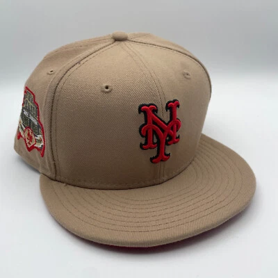 New York Mets Hat 7 5/8 Tan Red Cap UV Final Season Patch Fitted New Era 59Fifty - Image 1 of 4