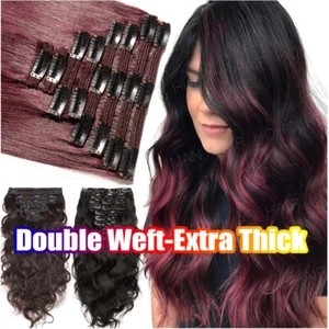 THICK Double Weft Clip In Real Remy Human Hair Extensions Full Head 8 Pieces Set - Picture 1 of 31