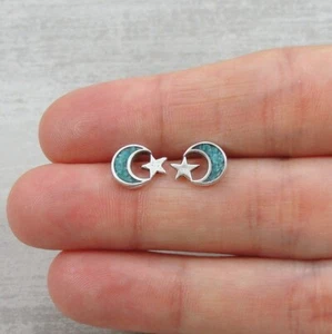 925 Sterling Silver and Turquoise Moon and Star Celestial Post Stud Earrings - Picture 1 of 3