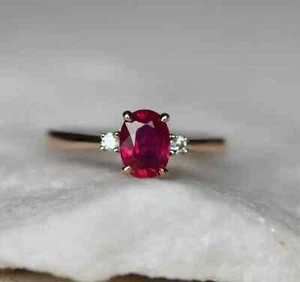 1.00CT Oval Lab Created Ruby Three Stone Engagement Ring 14K Rose Gold Plated - Picture 1 of 6