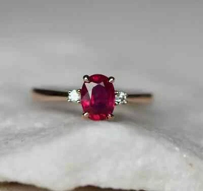 1.00CT Oval Lab Created Ruby Three Stone Engagement Ring 14K Rose Gold Plated - Image 1 of 4