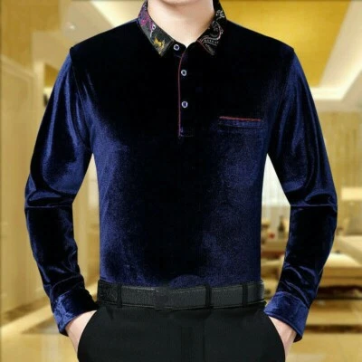 Mens Velvet T-Shirt Blouse Tops Long Sleeve Business Pullover Casual Formal Slim - Image 1 of 4