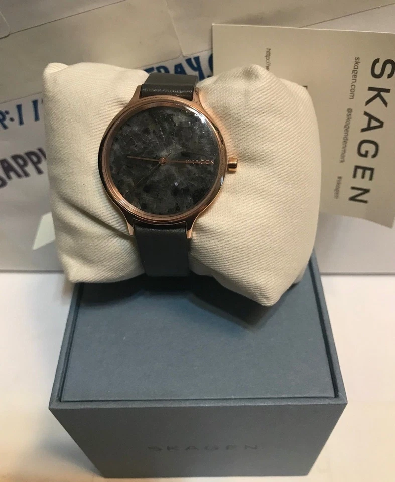 Skagen Ladies 34mm Anita Real Honed Granite Grey Leather Watch SKW2672