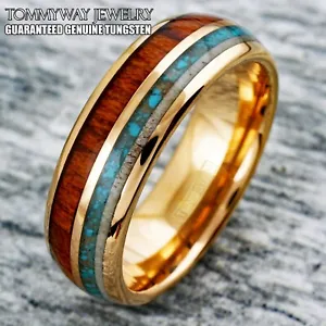 Rose Gold Plated Tungsten Mens Koa Wood Turquoise Deer Antler Wedding Band Ring - Picture 1 of 9