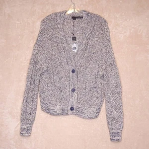 360 Sweater Womens Cardigan Gray Navy Long Sleeve V Neck Tight Knit Button M New - Picture 1 of 8