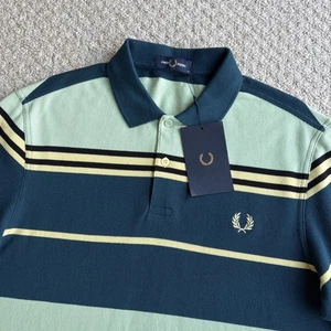 Camisa Polo Fred Perry Rayas Para Hombre Mediana Gasolina Sueños Verde Mod Años 60 Nueva con Etiquetas - Imagen 1 de 16