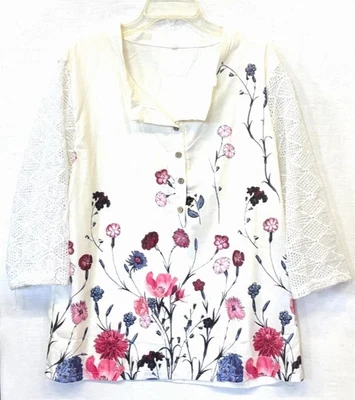 Blusa camisa blanca con botones para mujer talla grande con flores y encaje mangas 3/4 Foto 1 de 2