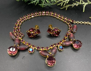 Vintage West Germany prong set dark amethyst rhinestone earrings & 18" necklace - Picture 1 of 17