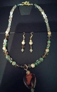 Artist 18"Venetian Wedding Cake Rose,Lampwork Heart,facet Crystals Necklace Set - Picture 1 of 12