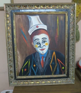 Vintage Original Oil on Canvas Cheerful Clown Portrait Painting 16" X 20" Framed - Picture 1 of 10