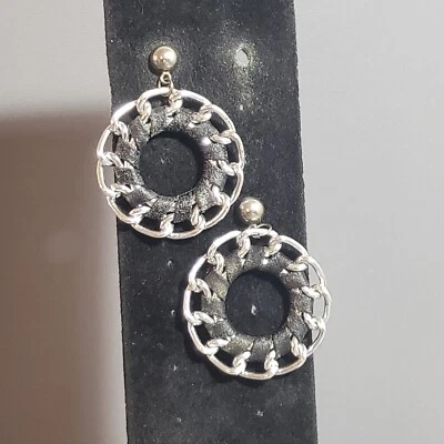 Dangle Chain Hoop Earrings Silver Tone Retro Mid Century Modernist Boho 2" - Image 1 of 4