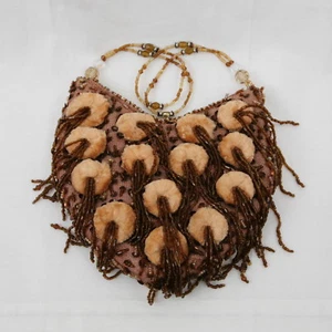 BROWN AND GOLD BEADED AND FUR EMBELLISHMENT EVENING BAG BY MINT - Picture 1 of 1