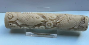 Jagd Messer Handarbeit alt Schnitzerei Hirschhorn Griff Messergriff Fisch Fish - Bild 1 von 4